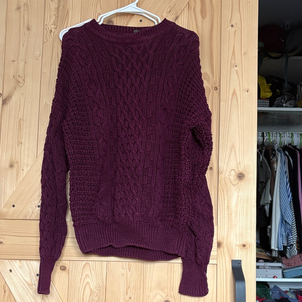 Structure Burgundy Cable Knit Crewneck Sweater